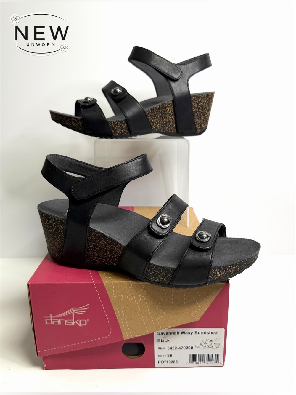 NEW Dansko Savannah Waxy Burnished Black Wedge Sandal Size EU 38 in Original Box